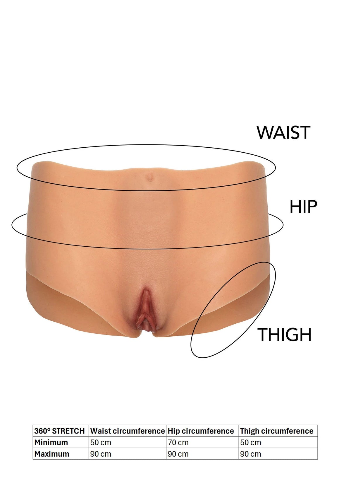 Maatdiagram van beige openkruis boxerslip: taille, heup en dij met afmetingen
