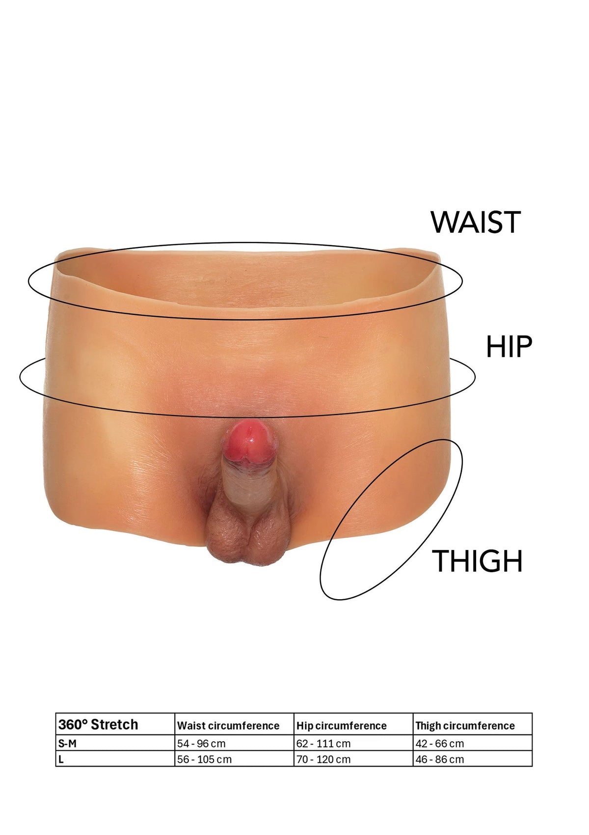 Nude boxershort met ingebouwde dildo met maatlabels taille, heup en bovenbeen.