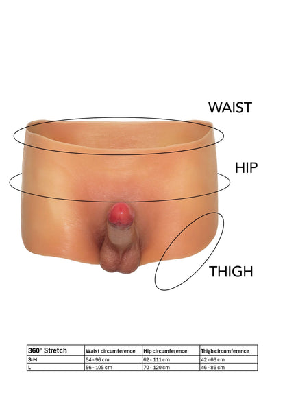 Nude boxershort met ingebouwde dildo met maatlabels taille, heup en bovenbeen.