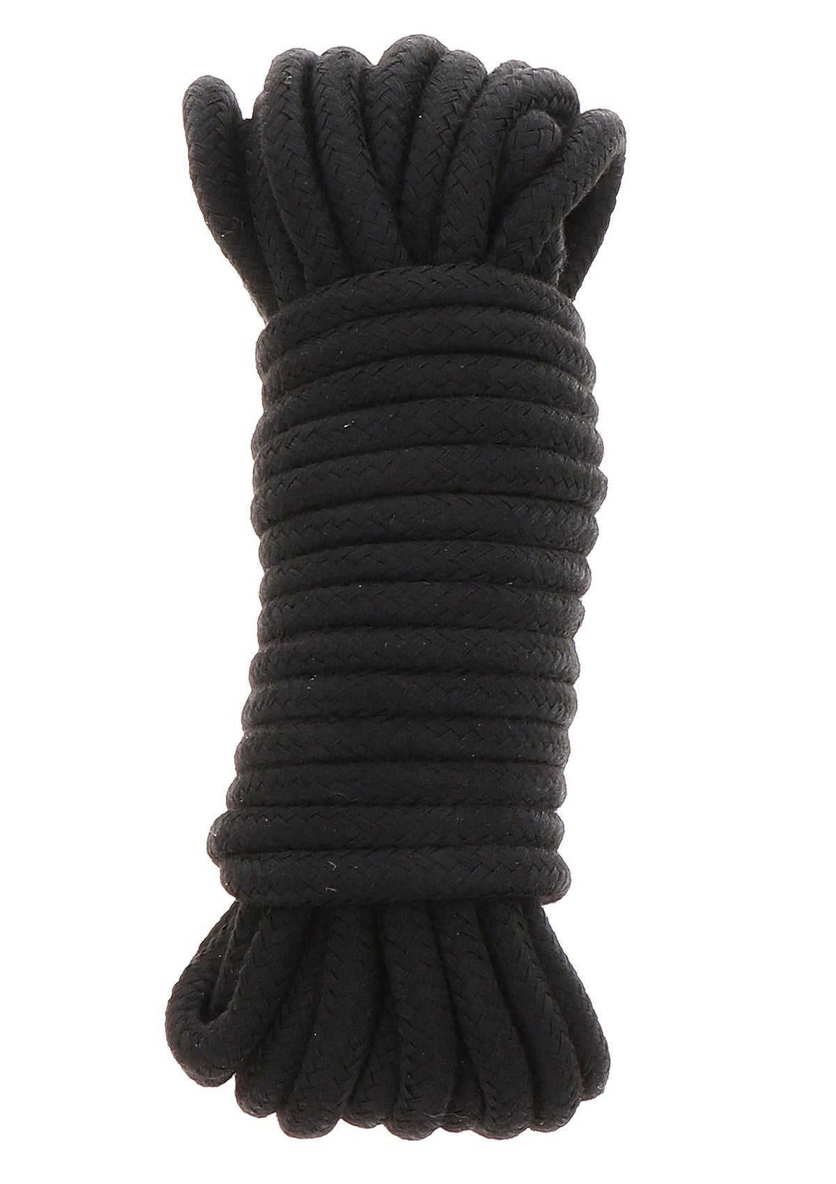 Zwarte bondage-koordbundel met opgerolde strengen en geknoopte uiteinden.
