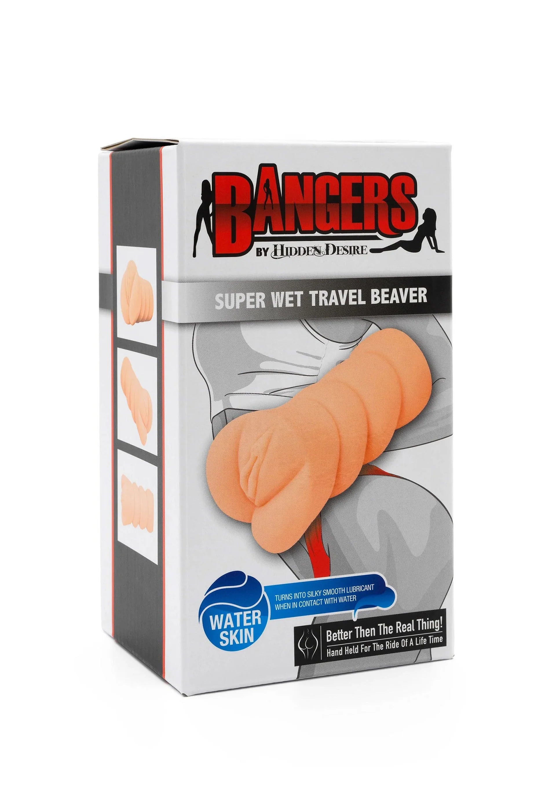 Verpakking van Hidden Desire Bangers super wet travel beaver met oranje product