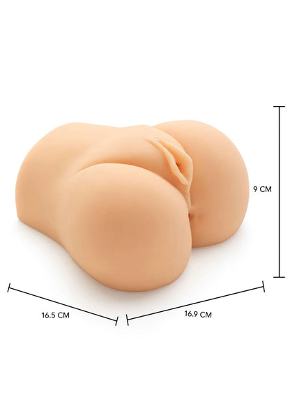 Beige realistische masturbator met plooivorm, liggend model en afmetingen
