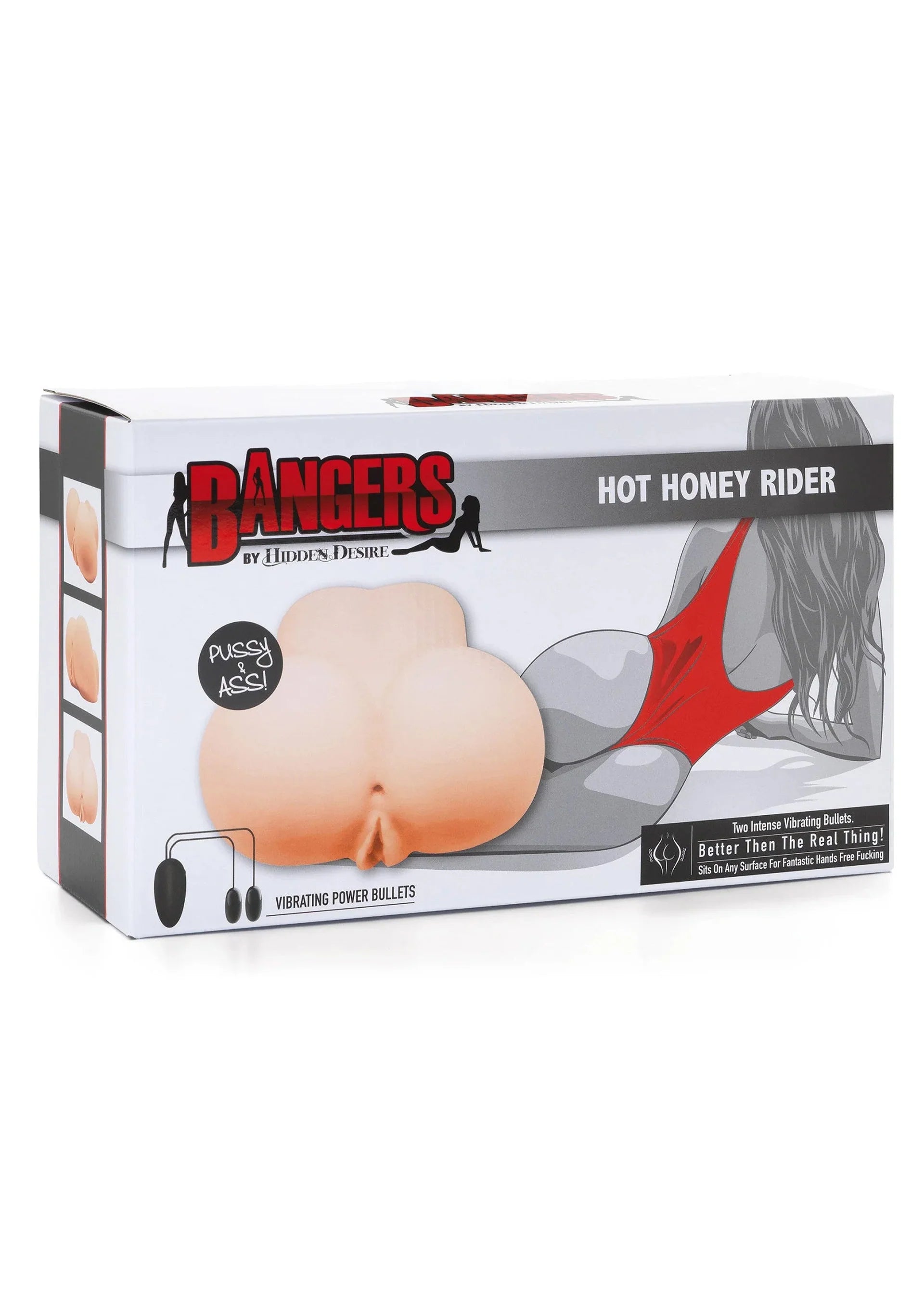 Vibrerende masturbator in verpakking met zicht op huidkleurig model