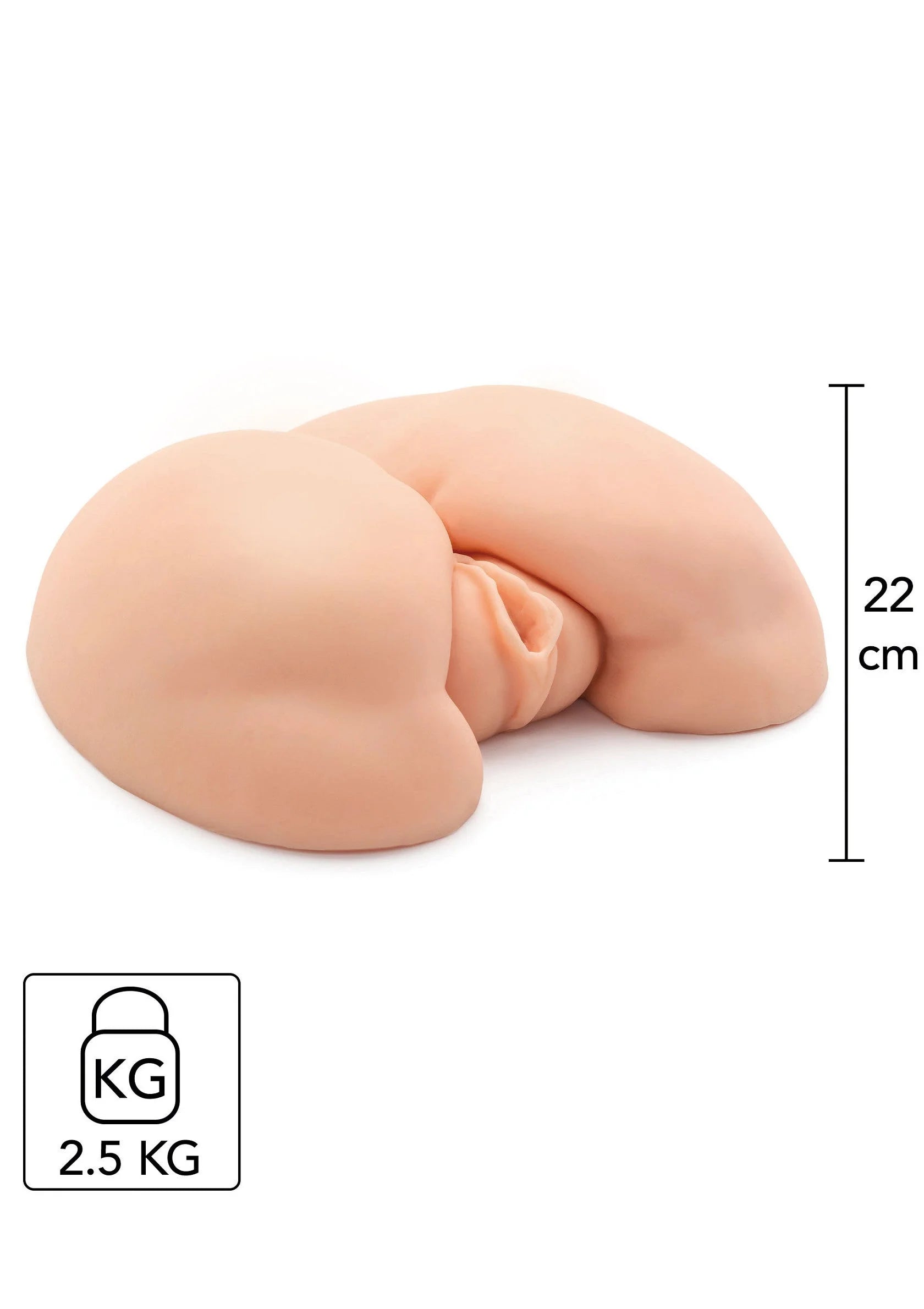 Huidkleurig vibrerend seksspeeltje met afmeting 22 cm en gewicht 2,5 kg
