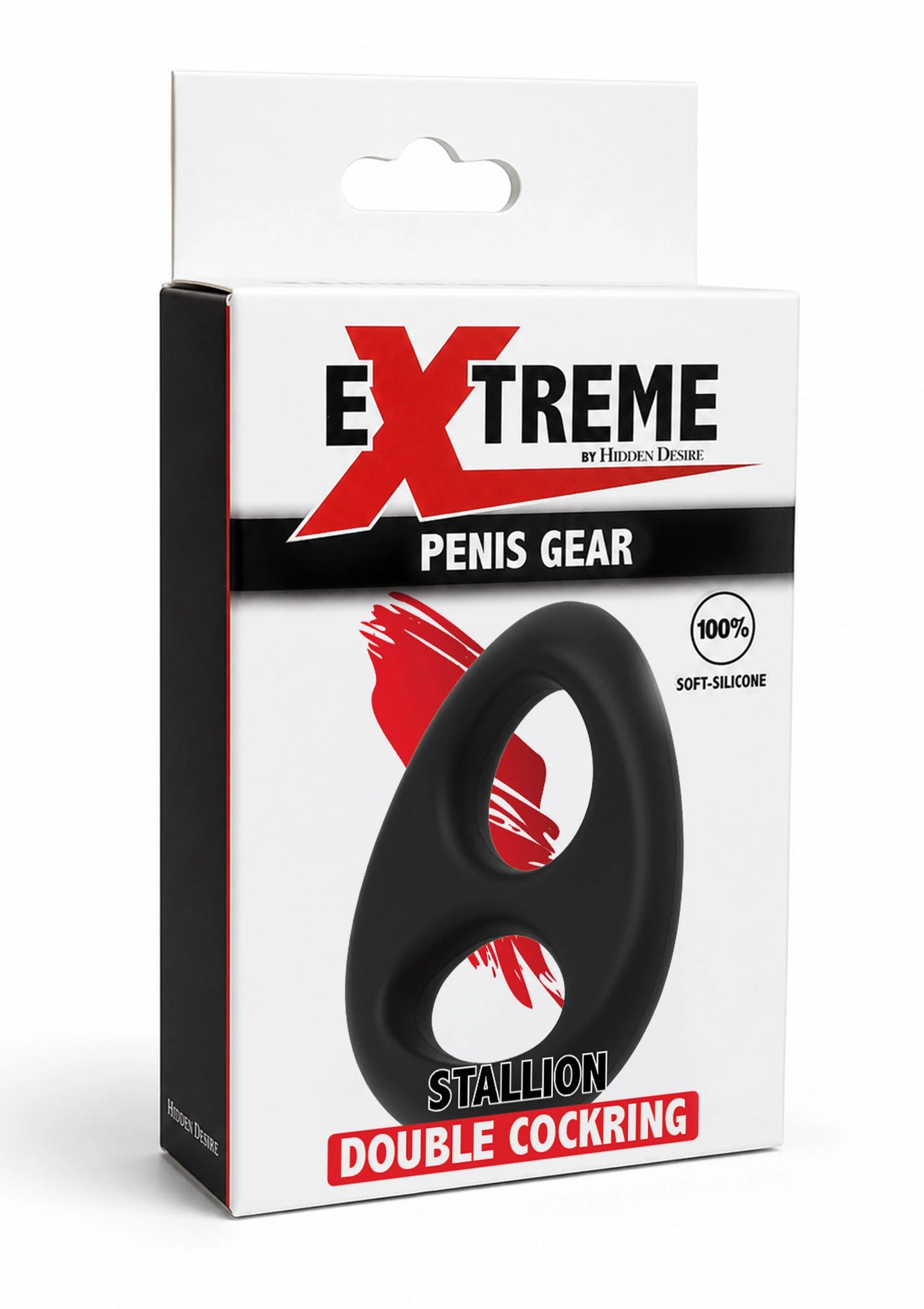 Verpakking van E Xtreme by Hidden Desire met zwarte dubbele siliconen C-ring