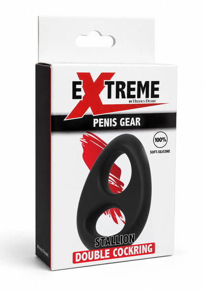 Verpakking van E Xtreme by Hidden Desire met zwarte dubbele siliconen C-ring
