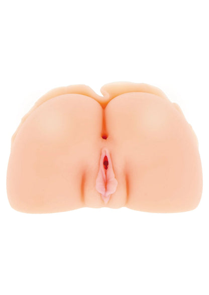 Seksueel hulpmiddel met roze getextureerde open vorm, frontaal close-up
