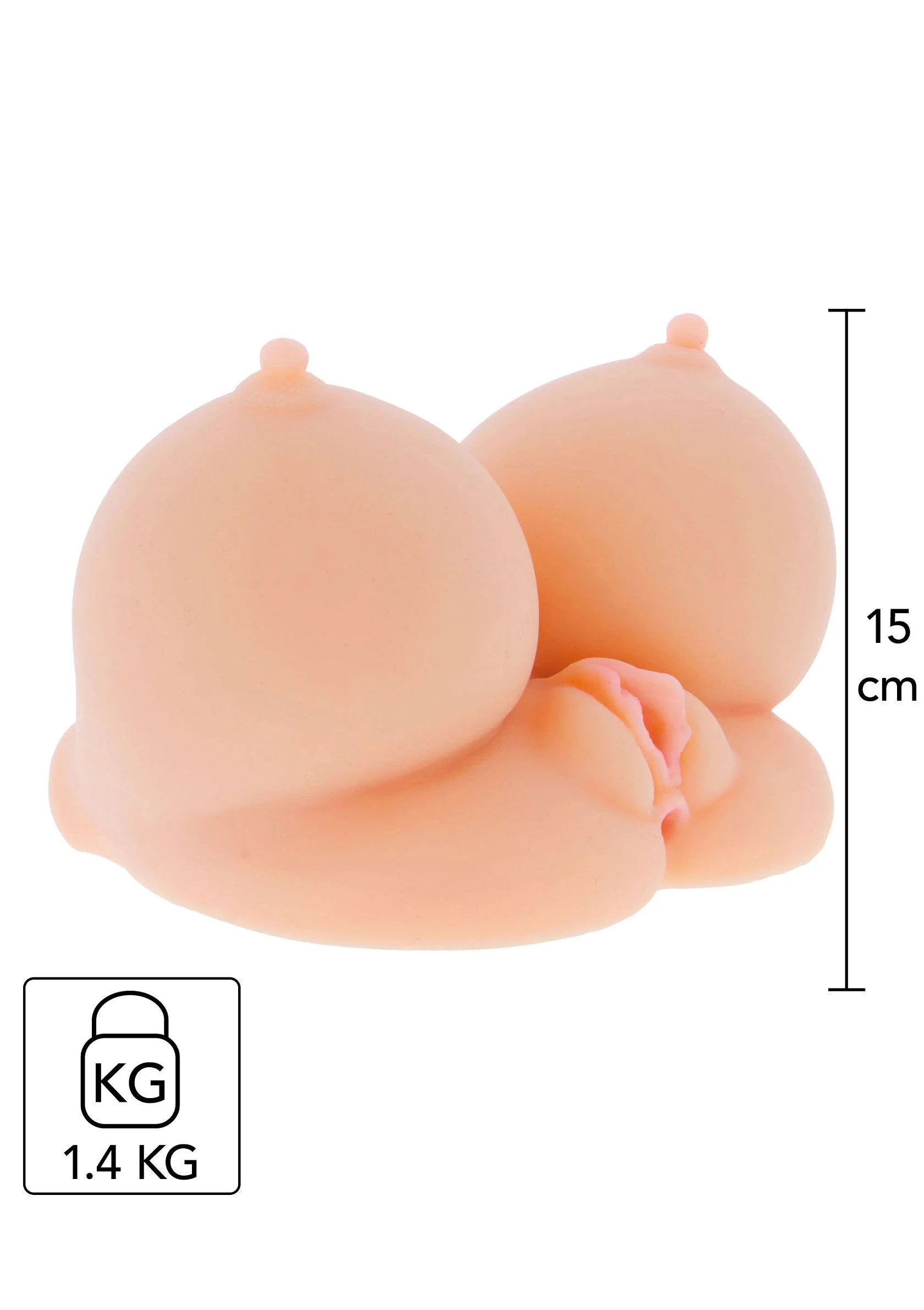 Zijaanzicht van roze/beige seksspeeltje met twee ronde uitsteeksels en middenopening