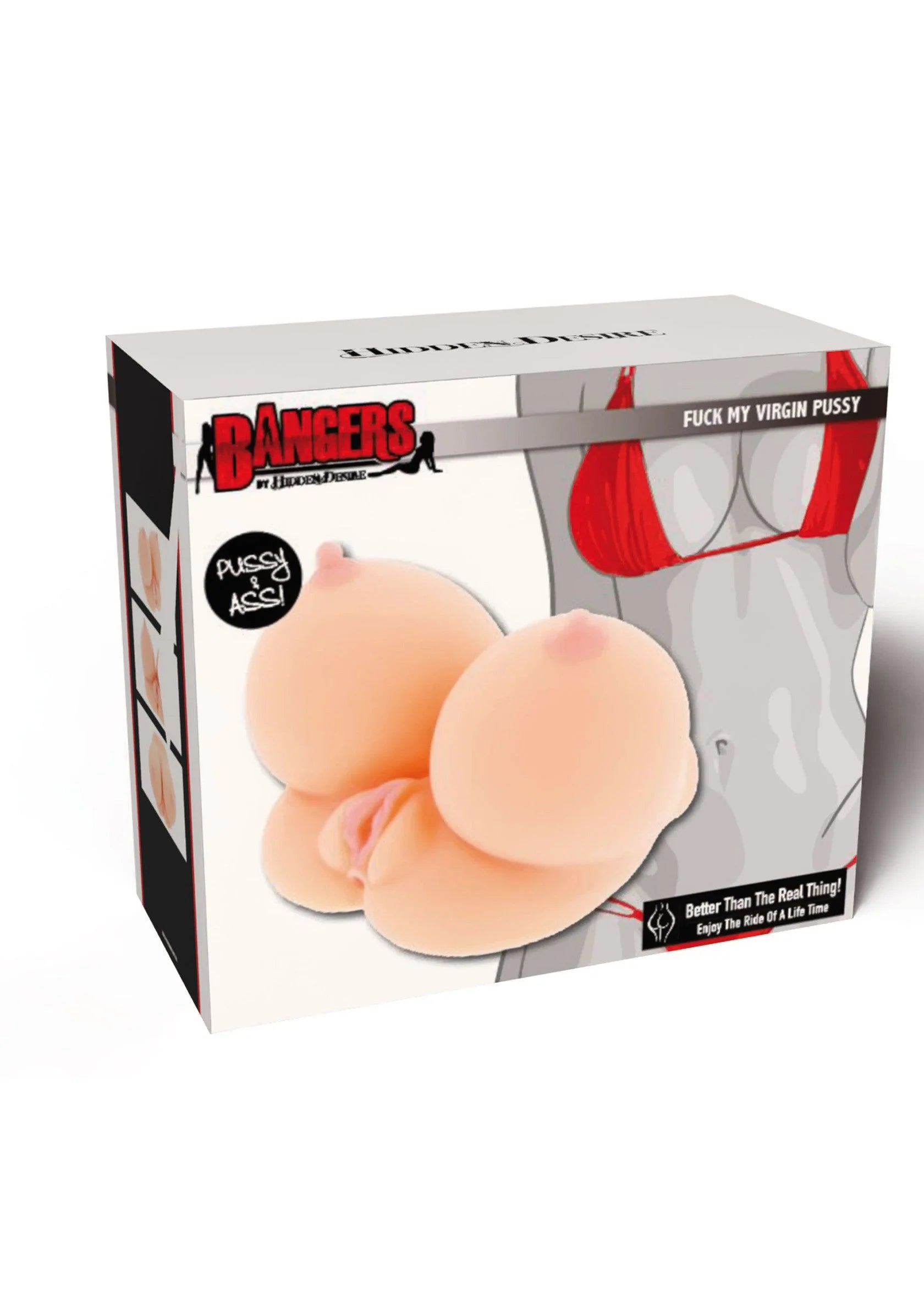Hoekweergave van doosverpakking van roze/beige seksspeeltje met twee ronde uitsteeksels