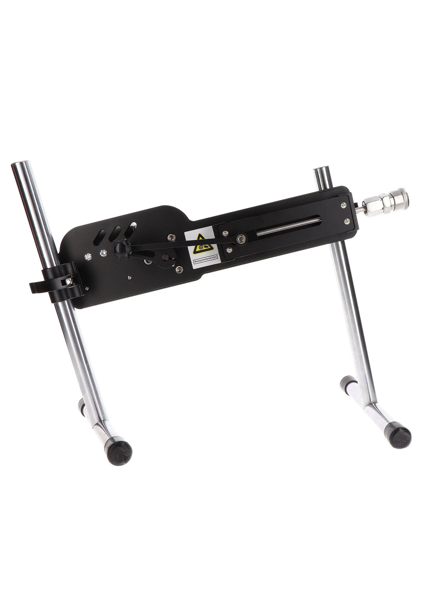 Zwarte seksmachine met montageplaat, metalen frame en koppeling