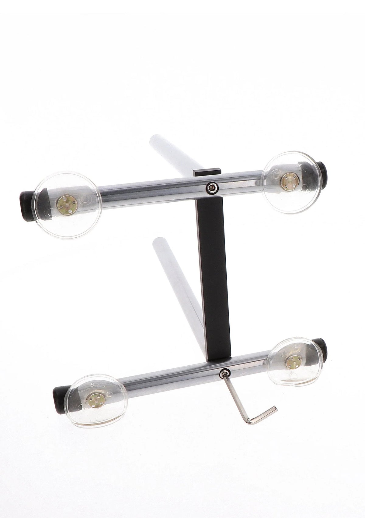 Seks-machine met zwart frame, metalen stangen en zuignappen