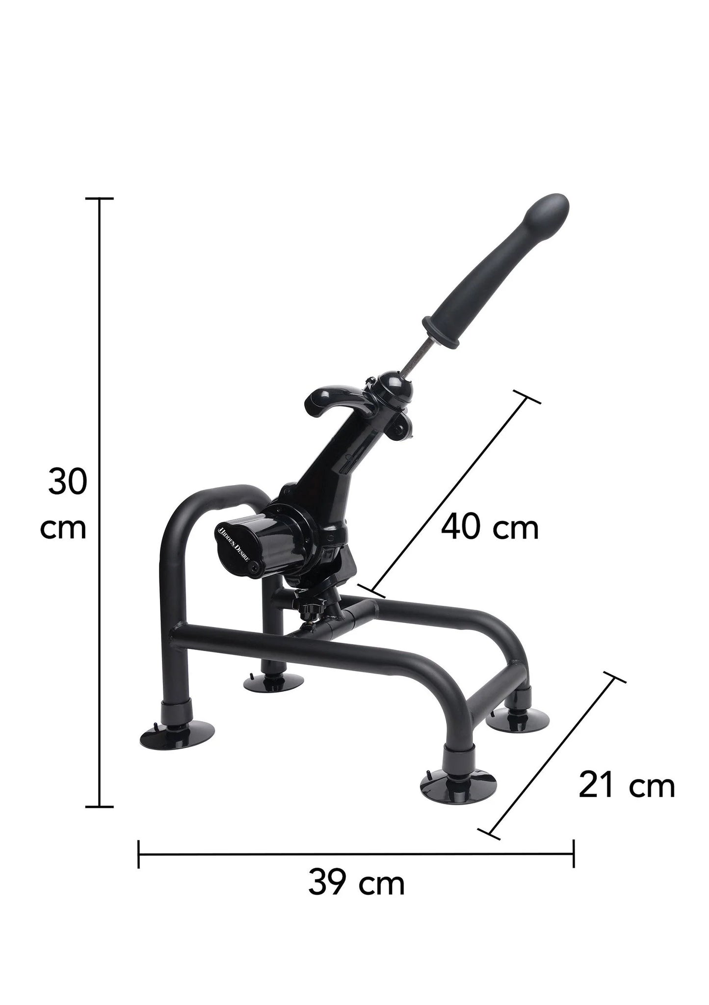 Zwarte seksmachine met afmetingen: 39 cm breed, 40 cm lang, 30 cm hoog