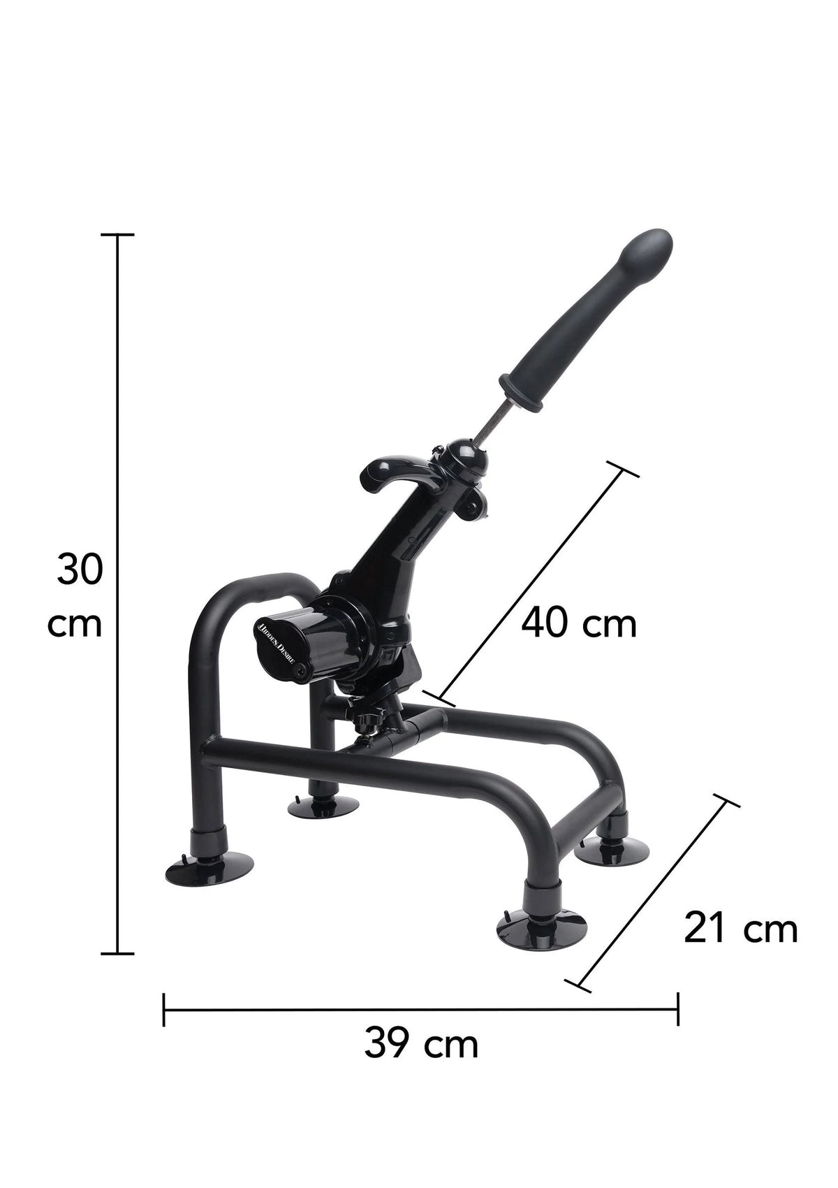 Zwarte seksmachine met afmetingen: 39 cm breed, 40 cm lang, 30 cm hoog