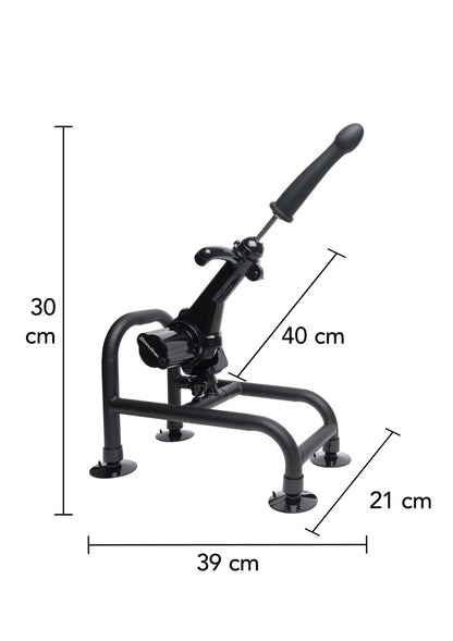 Zwarte seksmachine met afmetingen: 39 cm breed, 40 cm lang, 30 cm hoog