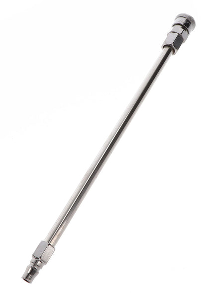 Lange metalen verlengstang met schroefachtige koppelstukken aan het uiteinde.