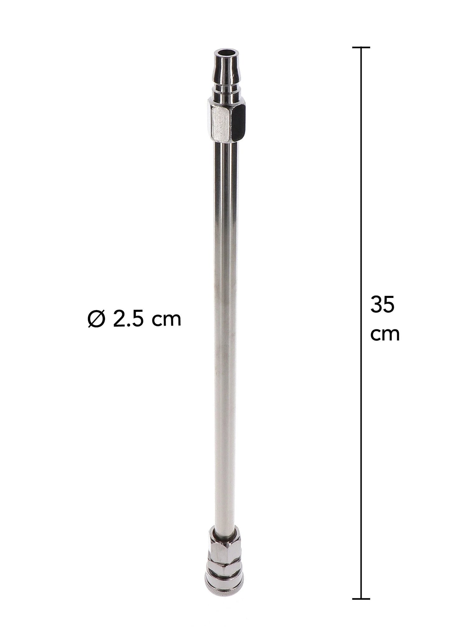 Metalen verlengstang met afmeting 35 cm en diameter 2,5 cm vermeld.