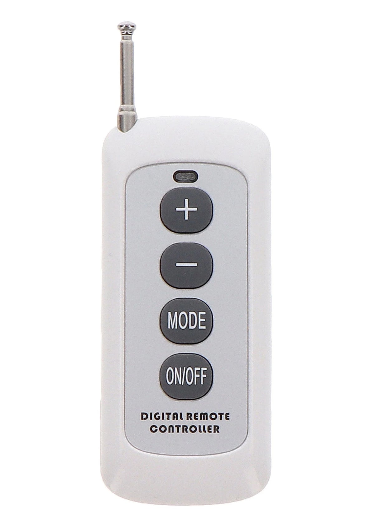 Witte digitale afstandsbediening met grote +/− knoppen en mode/aan-uit