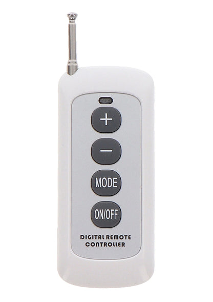 Witte digitale afstandsbediening met grote +/− knoppen en mode/aan-uit