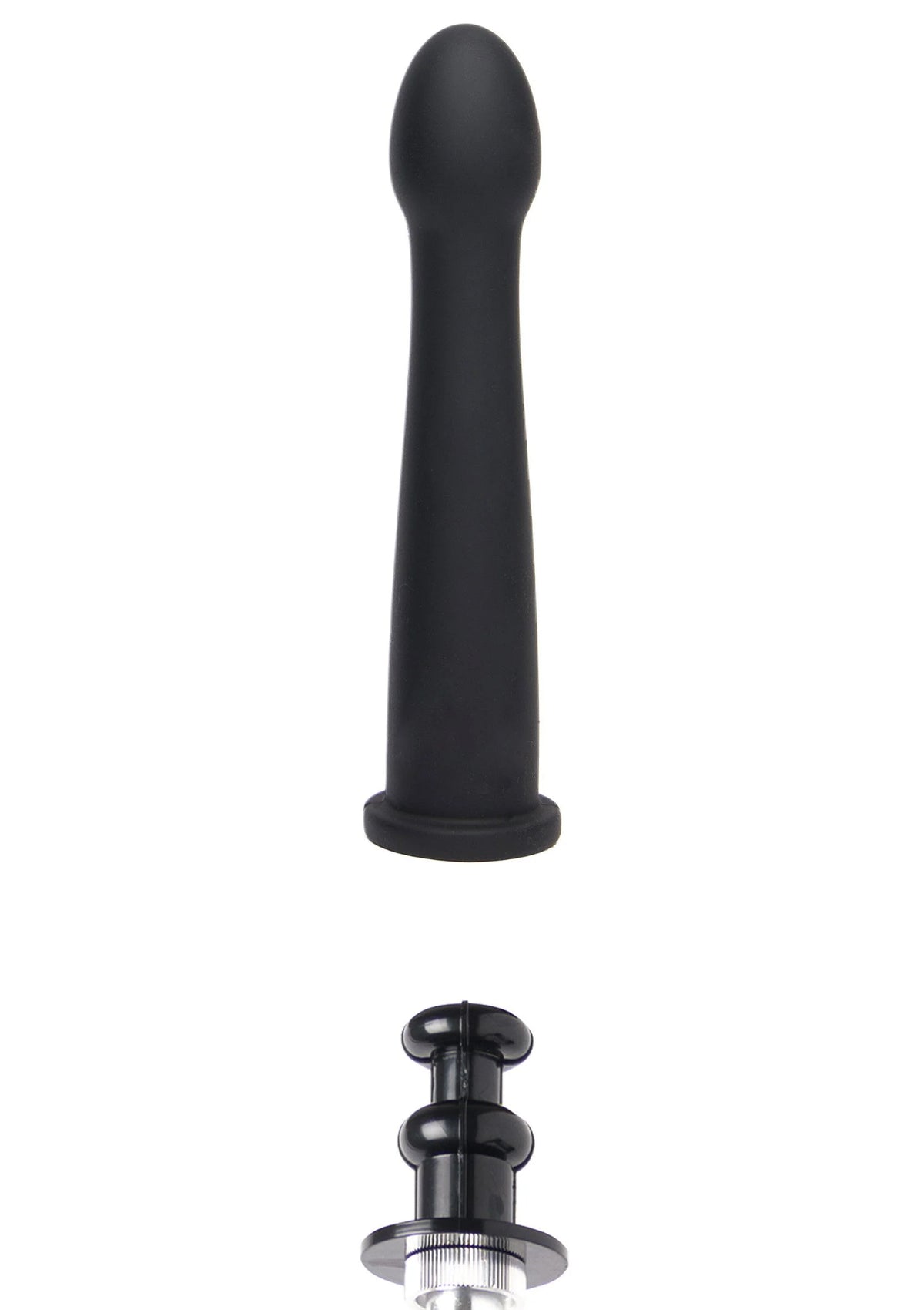 Zwarte dildo met afgeronde top en Easy-Lock mechanisme aan de onderkant