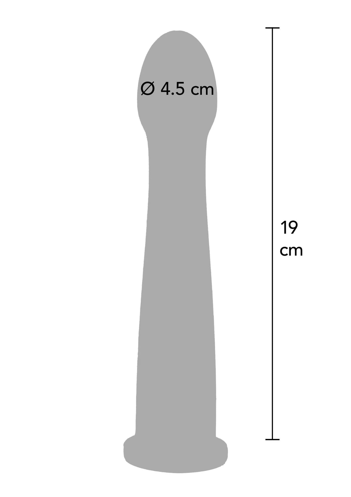 Maatafbeelding van lichtgrijze dildo: Ø4,5 cm en 19 cm