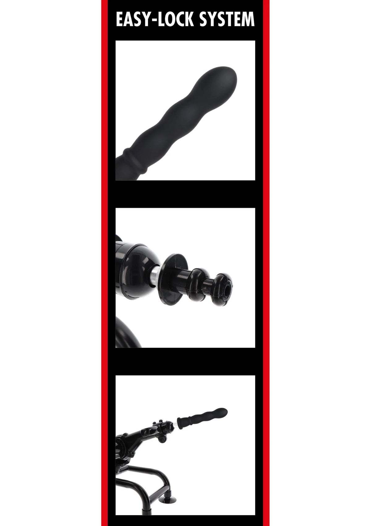 Verpakking met Easy-Lock systeem en zwarte dildo/vibrator met brede voet