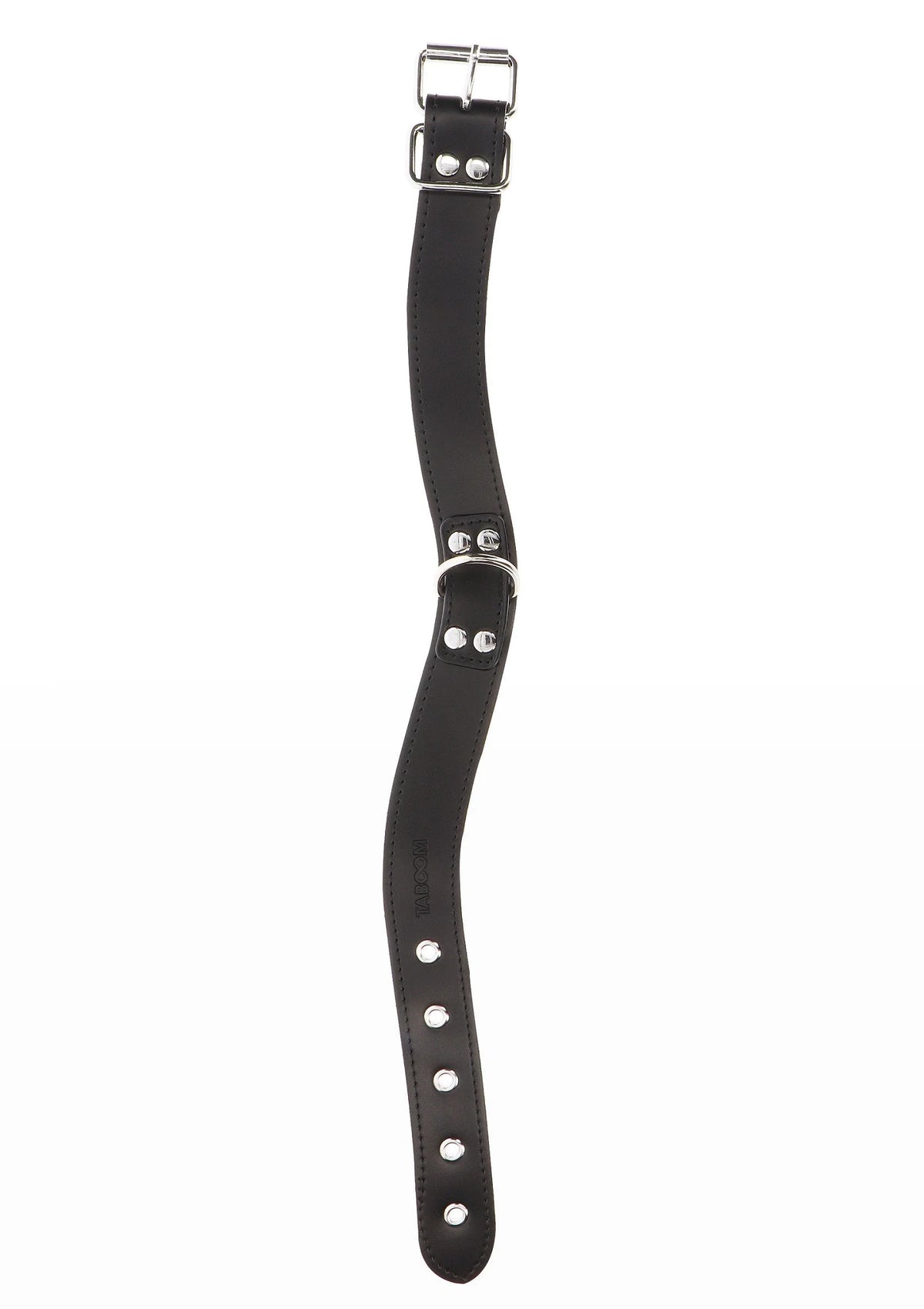 Zwarte halsband met gespsluiting, metalen oogjes en lange verstelband