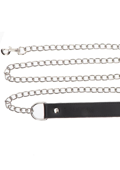 Zilveren kettingleiband met zwarte leren band en metalen karabijn, productfoto