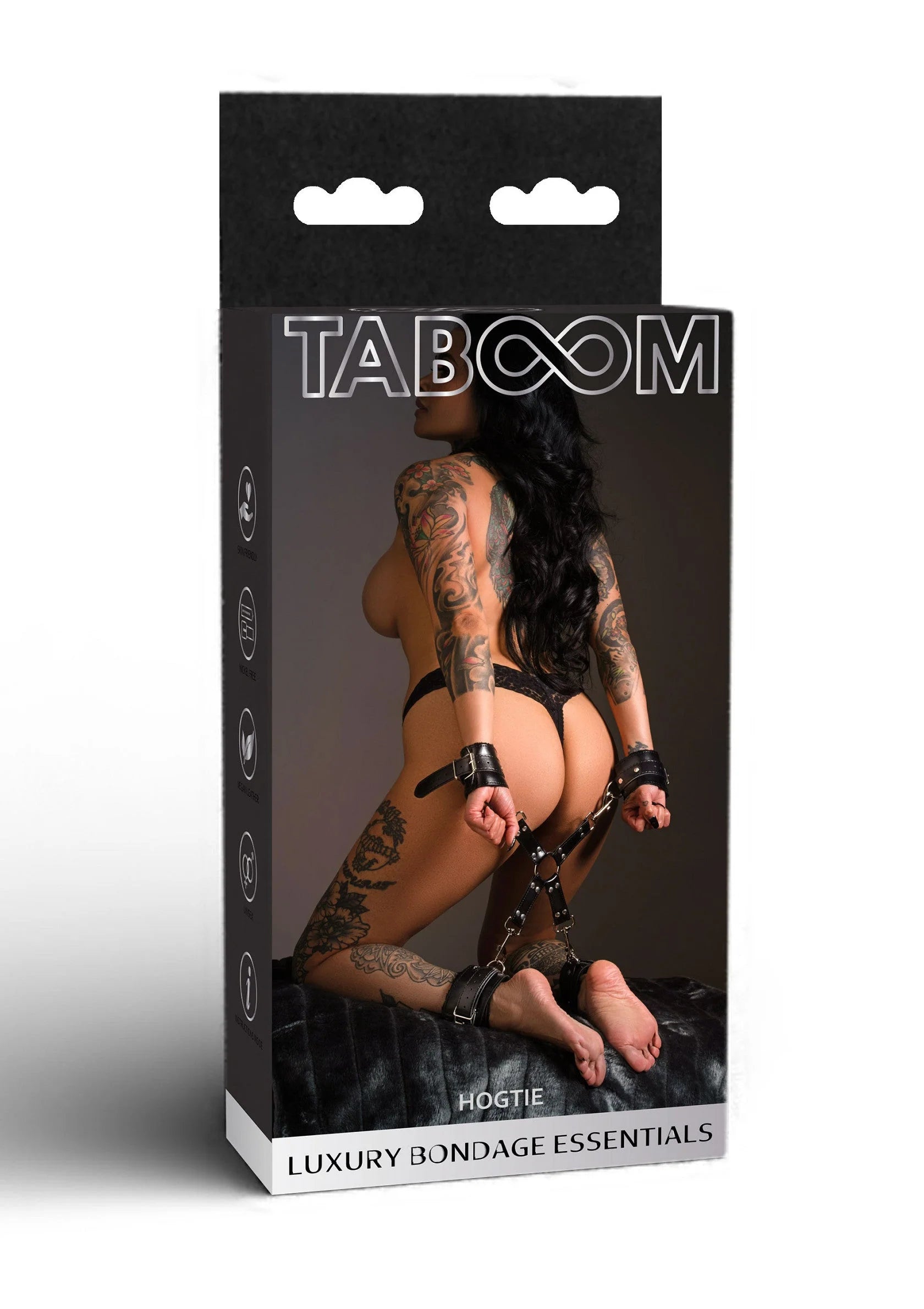 Hogtie-set verpakking met TABOOM en tekst 'LUXURY BONDAGE ESSENTIALS'