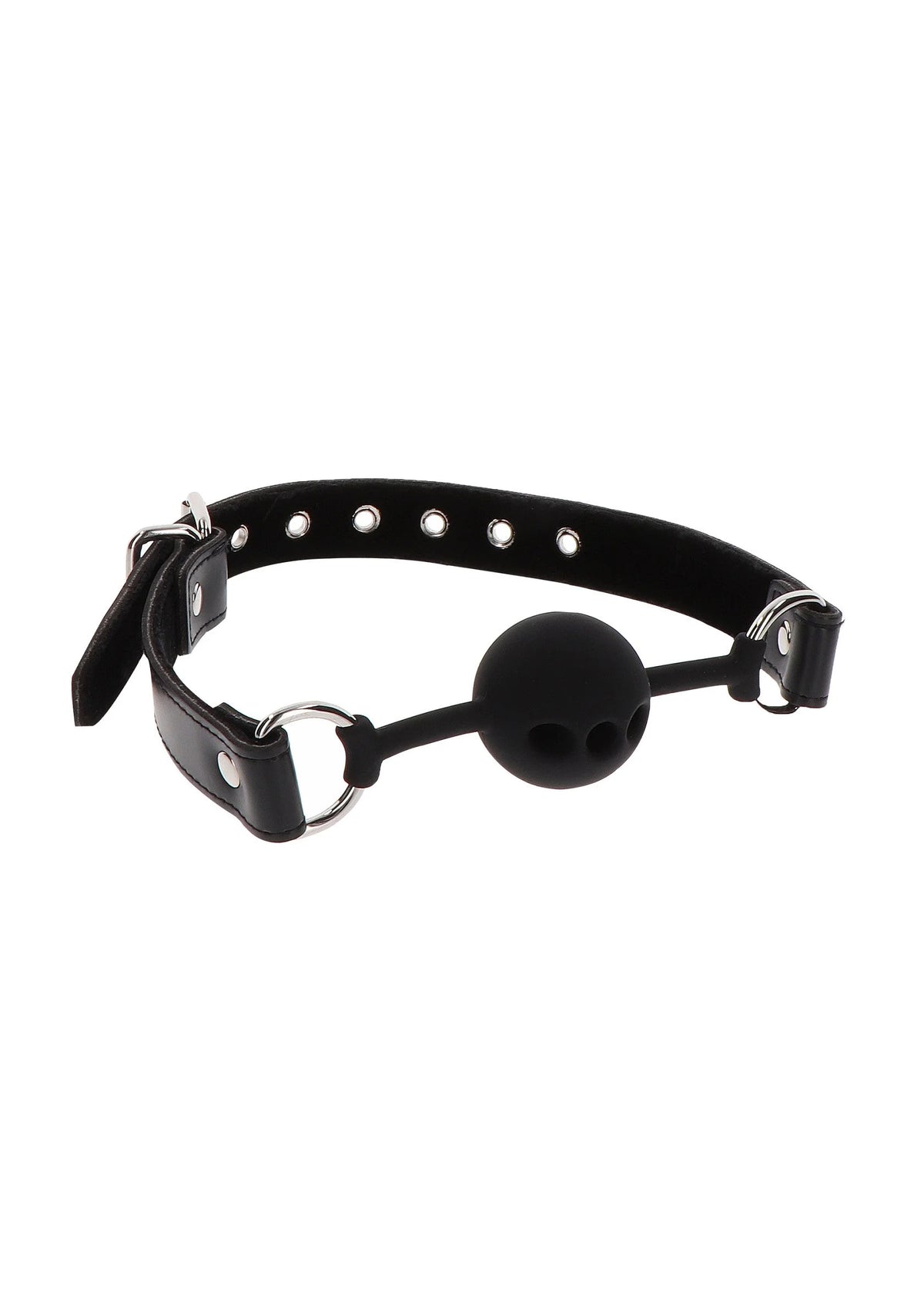 Zwarte siliconen ball gag met riemen en ronde bal, vooraanzicht