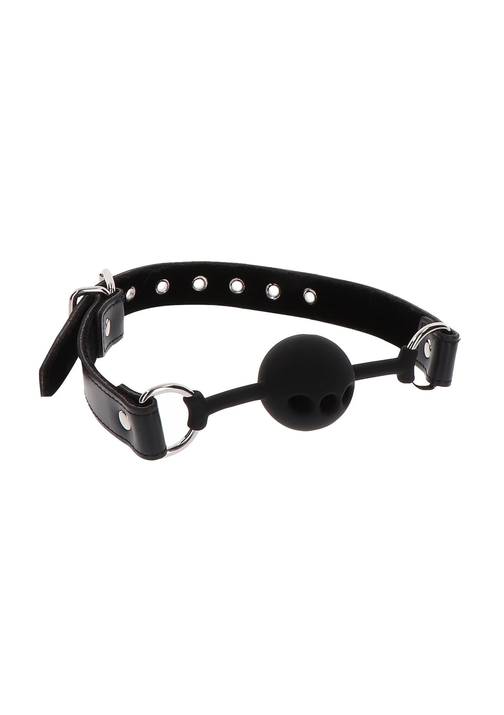 Zwarte siliconen ball gag met riemen en ronde bal, vooraanzicht