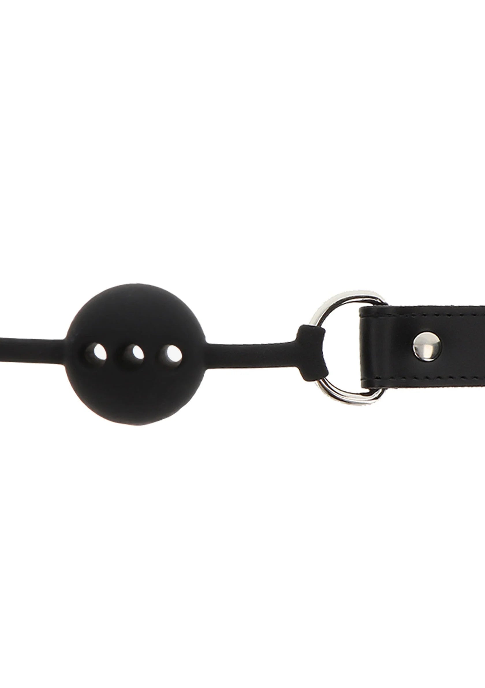 Zwarte siliconen ball gag met ronde bal en metalen gespen, detail
