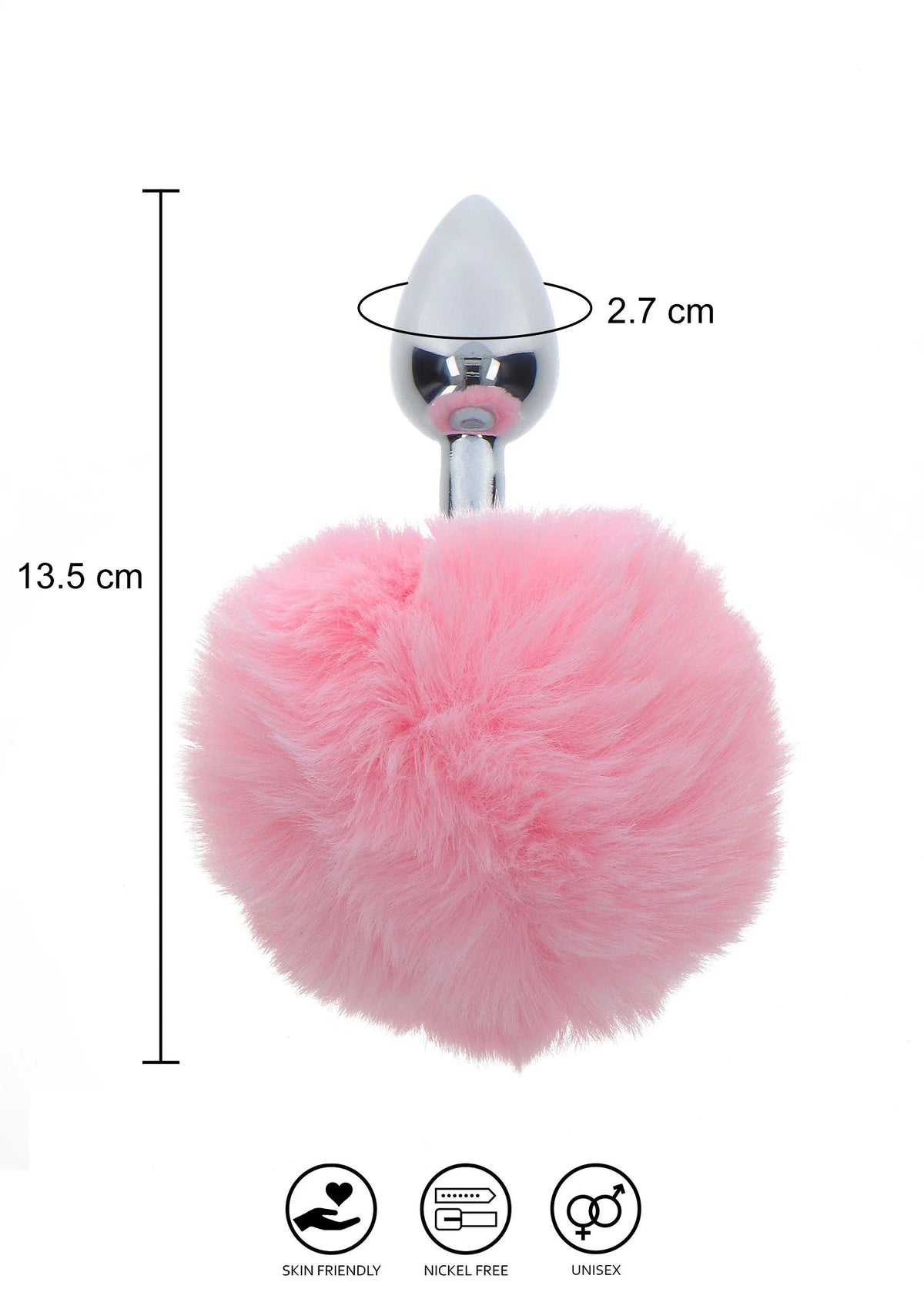 Roze pluizige buttplug met zilveren metalen plug; 13,5 cm en 2,7 cm gemarkeerd.