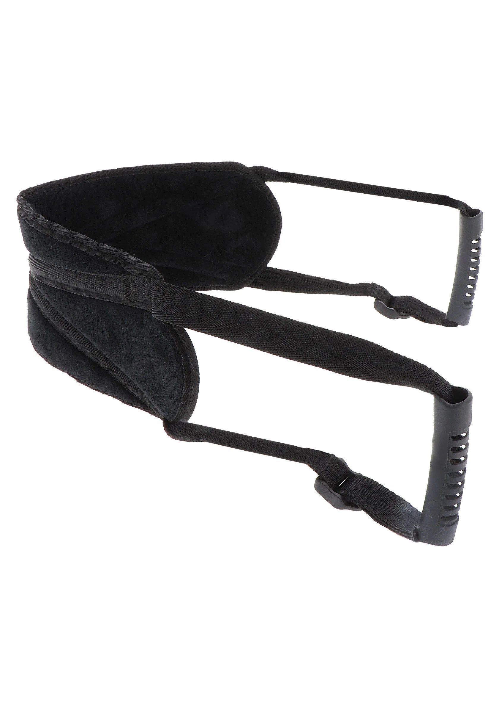 Zwarte bondage strap met brede voering, drie bandjes en metalen oogjes