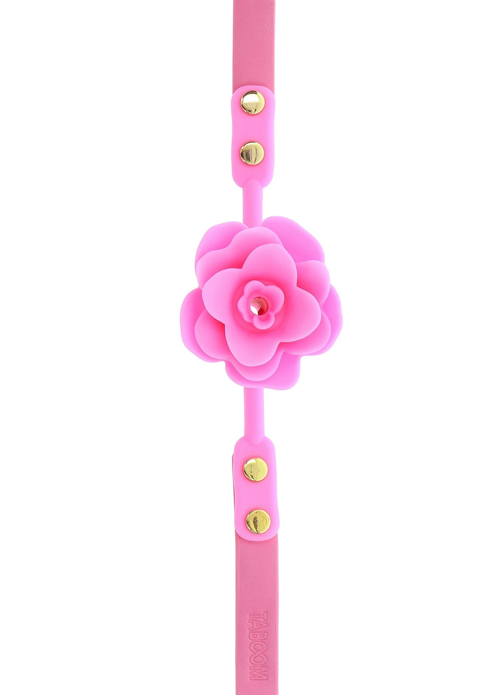 Roze riem met roosvormig mondstuk en metalen oogjes