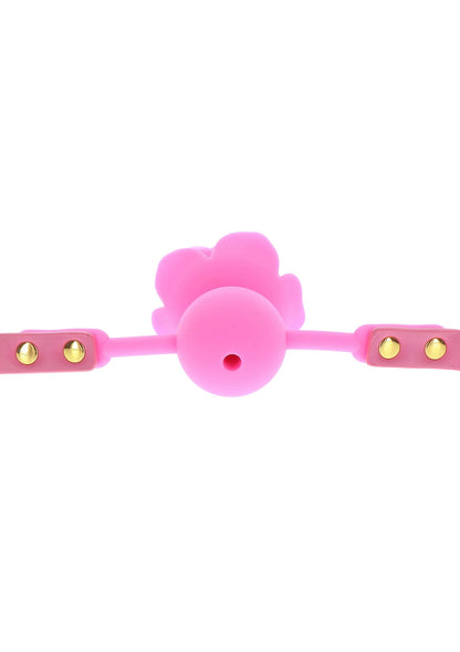Roze ball gag met ronde bal mondstuk en goudkleurige bevestigingen