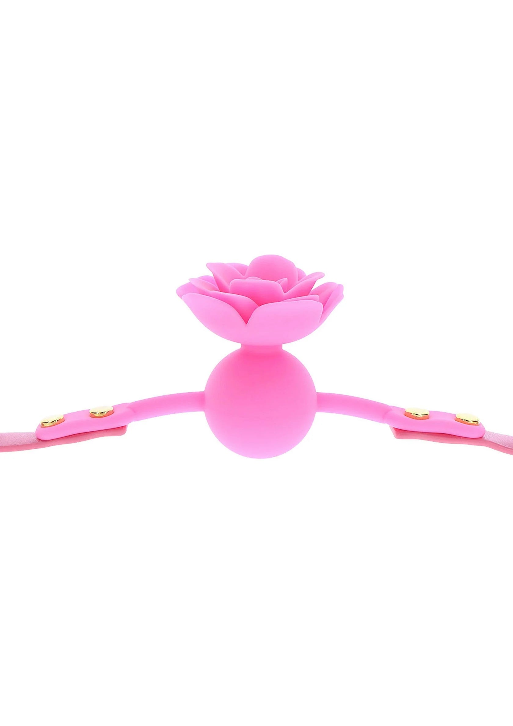 Roze ball gag met roosdetail op de ring en ronde bal mondstuk