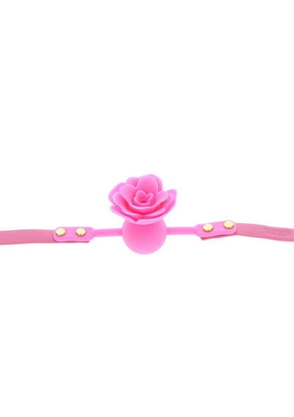 Roosvormige mondbal op roze ball gag-band met goudkleurige details