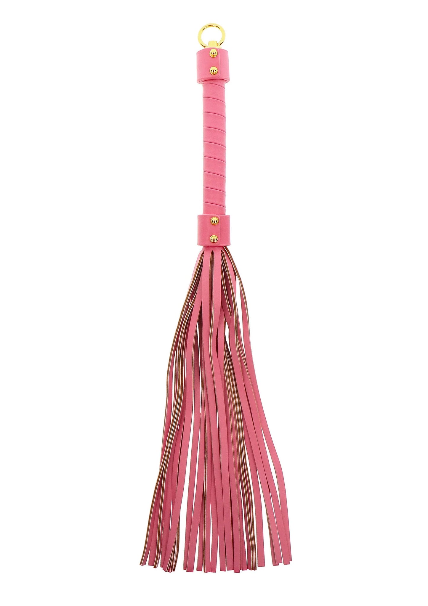 Roze zweep met lange riem-franjes, bovenaan een lus en kleine gouden klinknagels