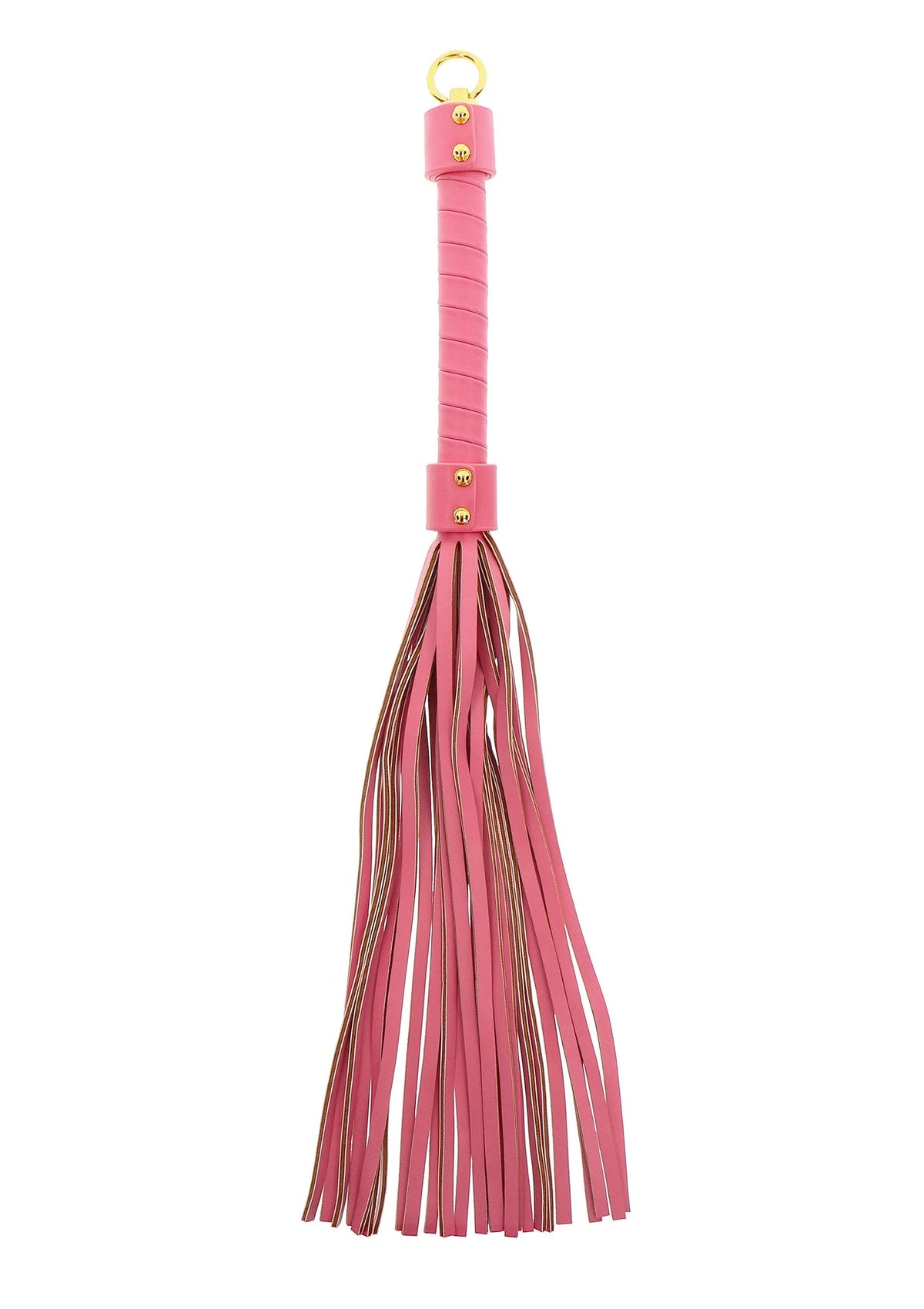 Roze zweep met lange riem-franjes, bovenaan een lus en kleine gouden klinknagels