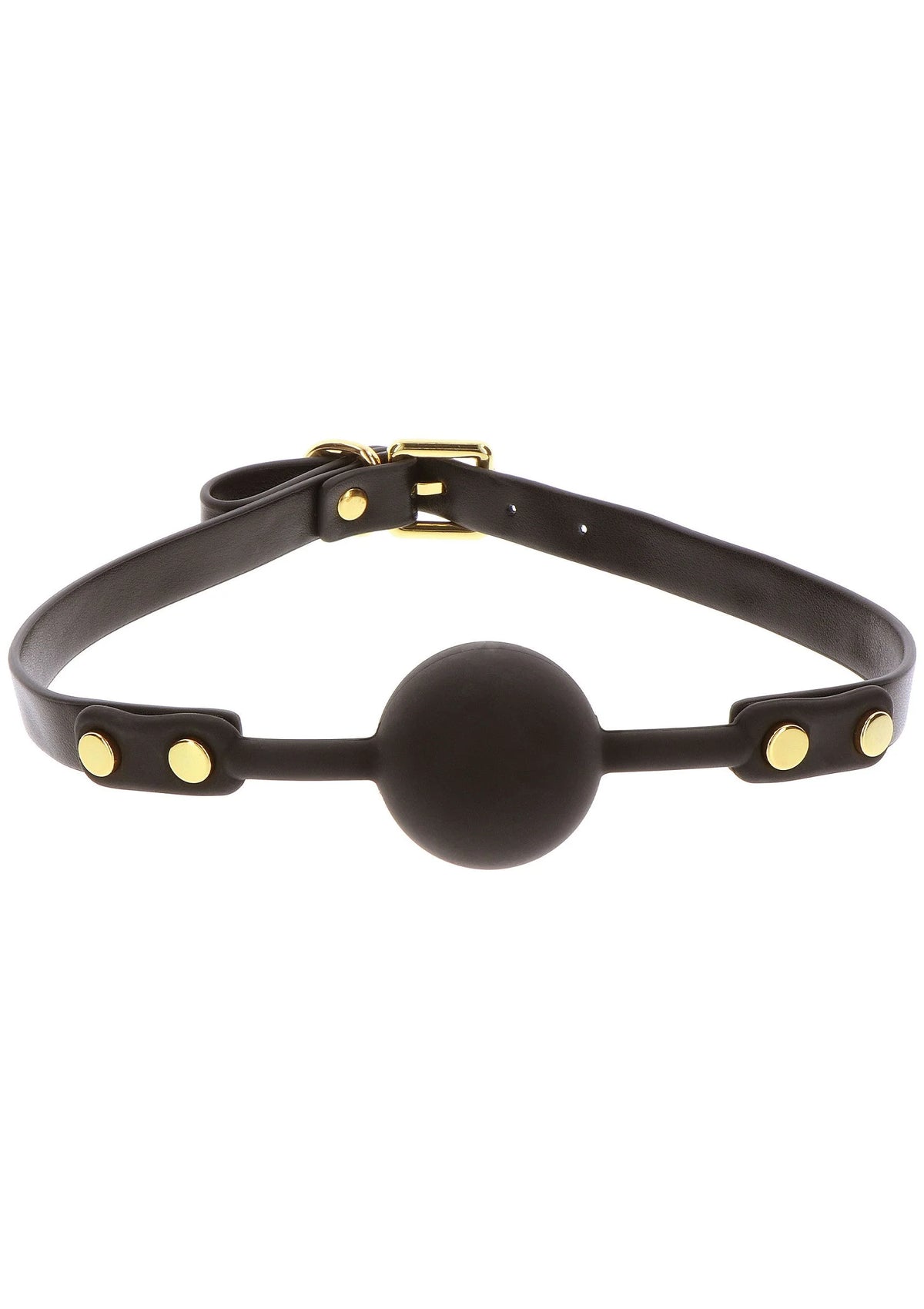Zwarte ball gag met ronde bal en riem met gouden studs en ringen