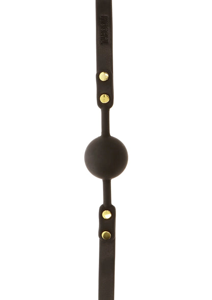 Ball gag-band met ronde bal en gouden studs op de verticale riem