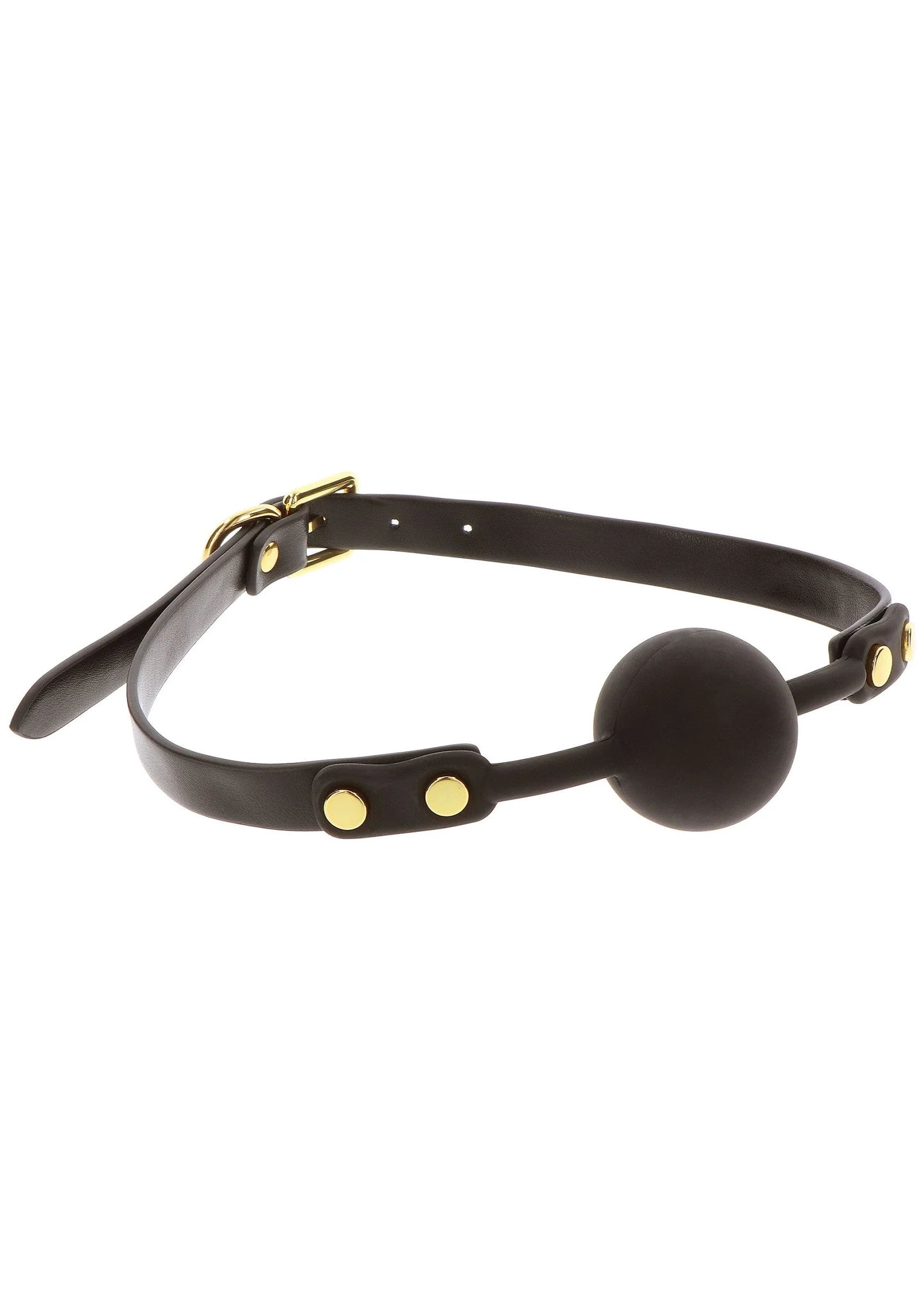 Zwarte bal gag met ronde bal en leren bandjes, goudkleurige klinknagels in detail.