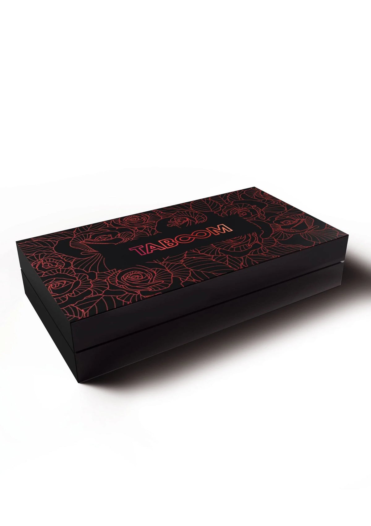 Zwarte doos met rood rozenpatroon en Taboom-stempel op het deksel