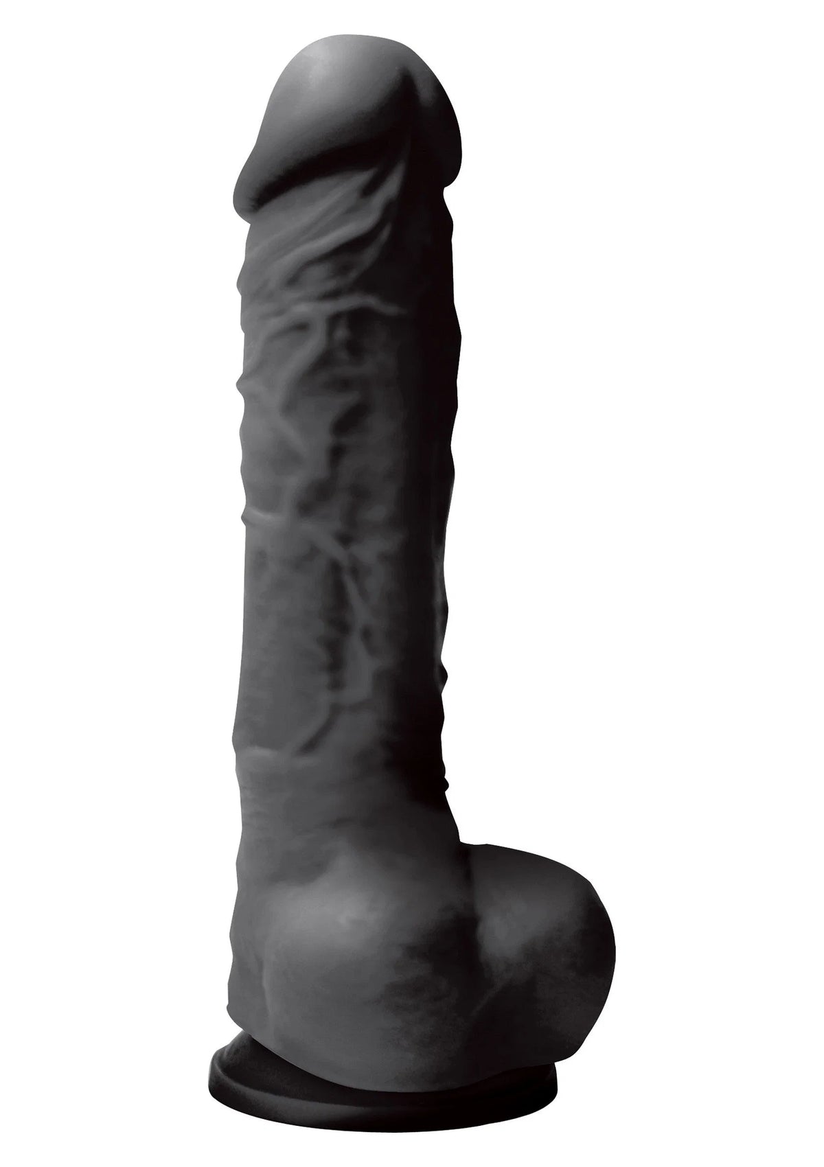 Zwarte siliconen dildo in profiel met afgeronde knop en brede voet