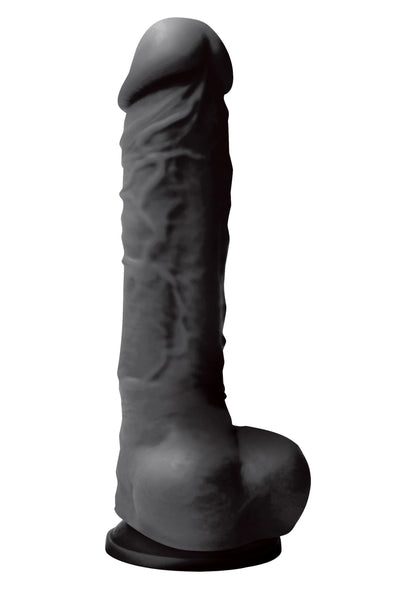 Zwarte siliconen dildo in profiel met afgeronde knop en brede voet