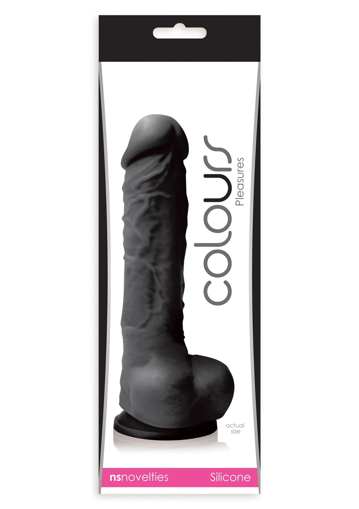 Zwarte siliconen dildo 5 inch in verpakking, met brede voet en afgeronde top