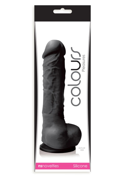Zwarte siliconen dildo 5 inch in verpakking, met brede voet en afgeronde top