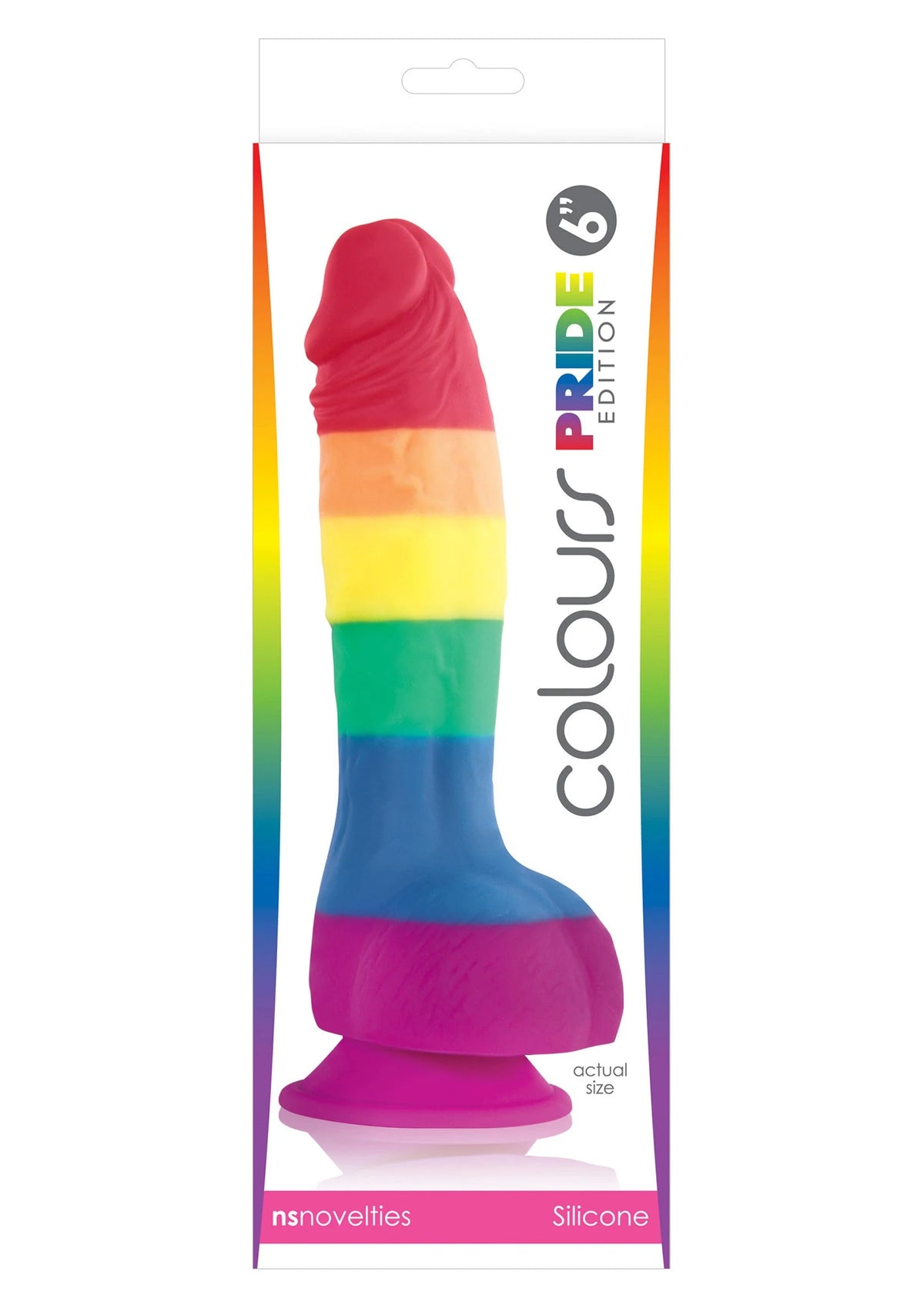 Verpakte regenboog siliconen dildo met roze punt en brede platte voet