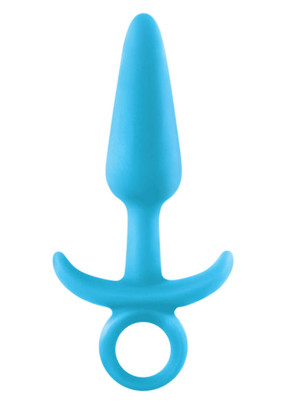 Blauwe siliconen anale plug met ronde ring, kegelvormige top, kleine maat