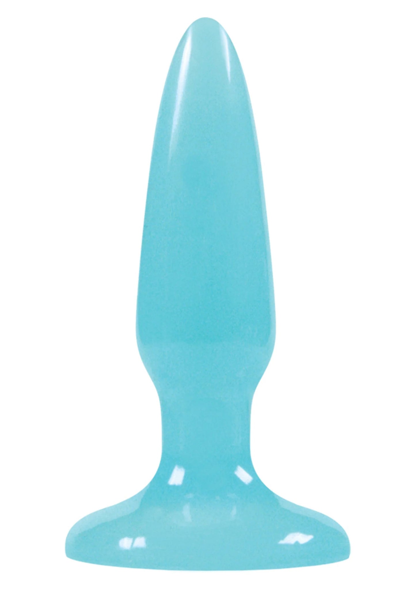 Mini pleasureplug lichtblauw met conische steel en brede basis.